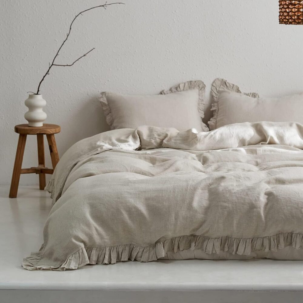 100% Linen Duvet Cover Set, 3 PCS Natural French Flax Ruffle Duvet Cover Queen Size, Breathable Comfy Linen Bedding Comforter Cover with 2 Pillowcases (Natural Linen, 88" X 92")