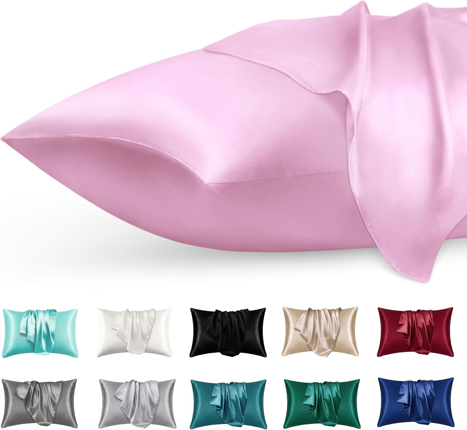 Satin Silk Pillowcase for Skin and Hair, 2 Pack - Envelope Closure - Bedding Queen Pillow Cases(20" x 30"), Soft Breathable Smooth Cooling Silk Pillow Covers for Sleeping, Pink