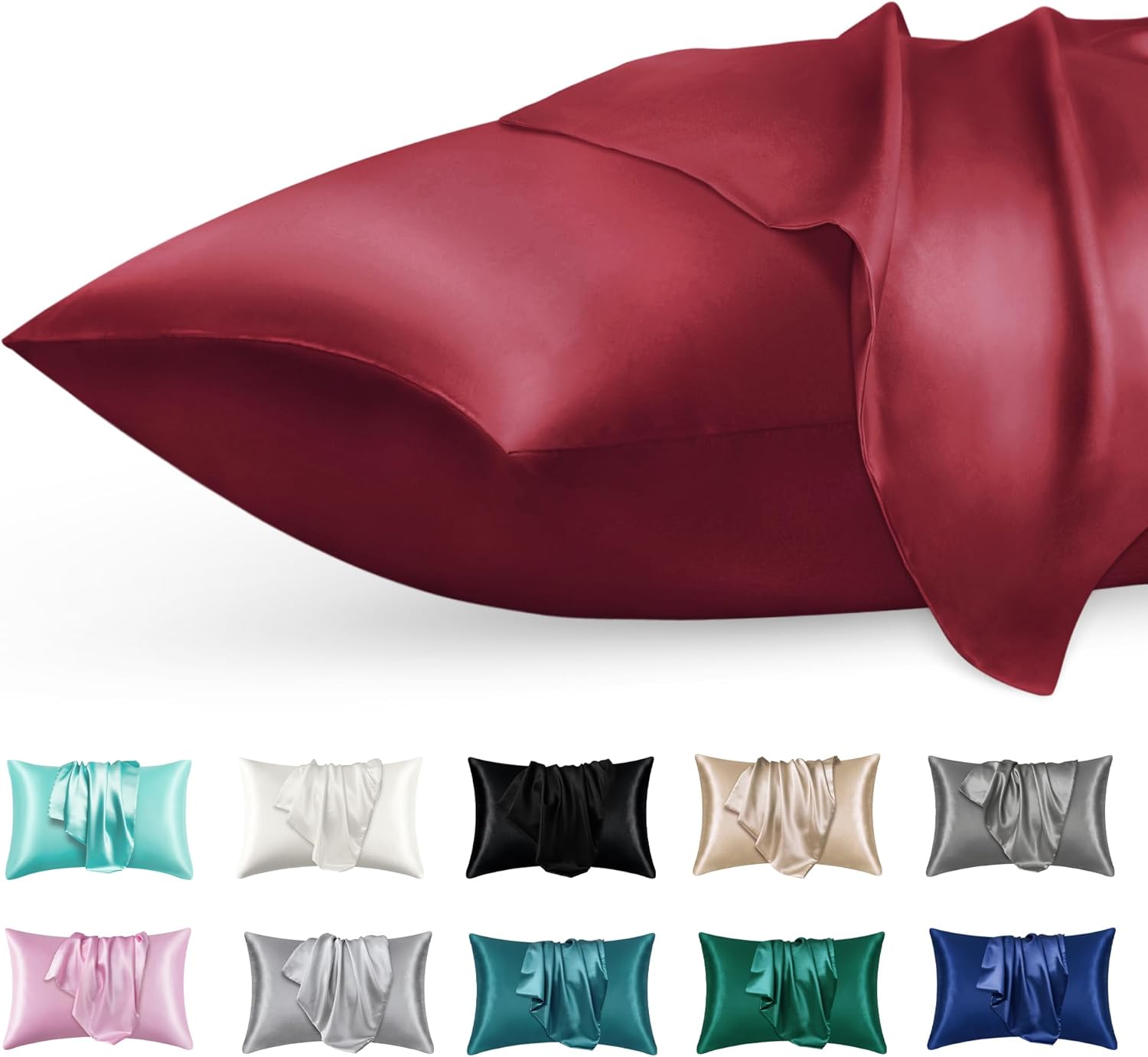 Satin Silk Pillowcase for Skin and Hair, 2 Pack - Envelope Closure - Bedding Queen Pillow Cases(20" x 30"), Soft Breathable Smooth Cooling Silk Pillow Covers for Sleeping, Burgundy