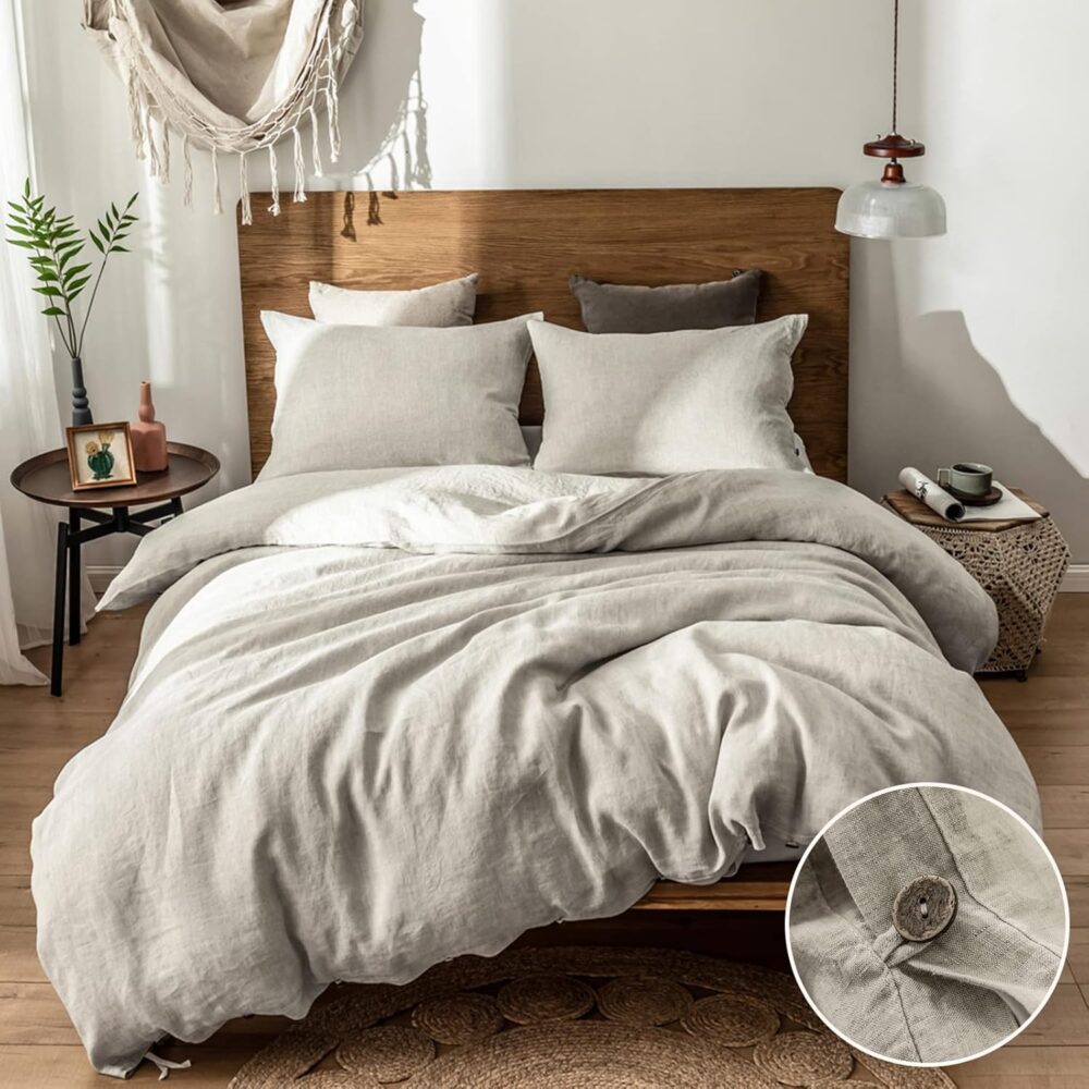 100% Linen Duvet Cover Set, 3 Pieces Belgian Flax Breathable Bedding, 1 Comforter Cover+2 Pillowshams with Coconut Button Closure(Queen,Linen)