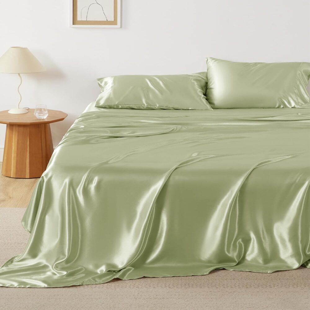 Satin Sheets King - Similar to Silk Sheets, Silky Bedsheet King Size Bed,  & Luxury, Non-Fading & Wrinkle Free, Good for Hair & Skin, Gifts for Women, 4 Pieces, Sage Green
