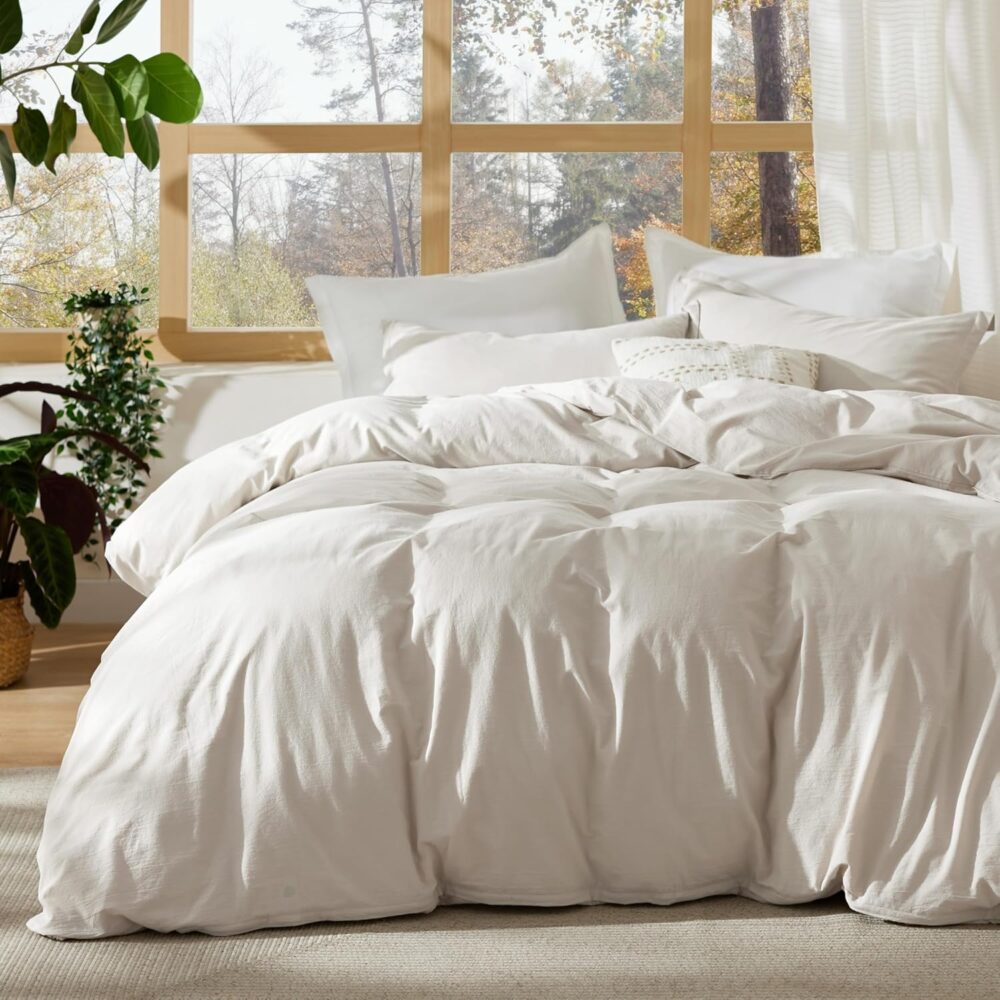 100% Stone Washed Cotton Duvet Cover Queen Size - Linen Color Minimalist Cotton Duvet Cover Linen Like for All Seasons -  Plain Simple Bedding, 3 Pieces (Queen, 90"x90")