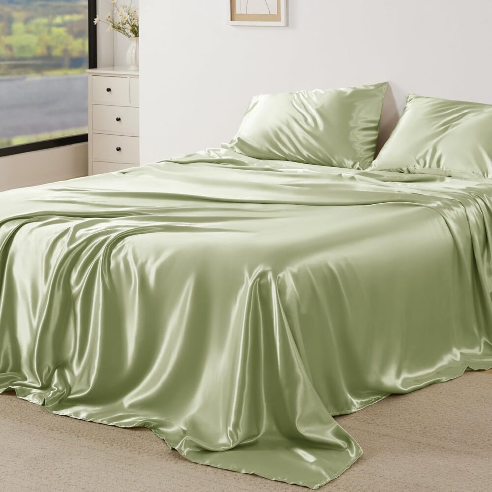 Satin Sheets King - Similar to Silk Sheets, Silky Bedsheet King Size Bed,  & Luxury, Non-Fading & Wrinkle Free, Good for Hair & Skin, Gifts for Women, 4 Pieces, Sage Green - Image 2