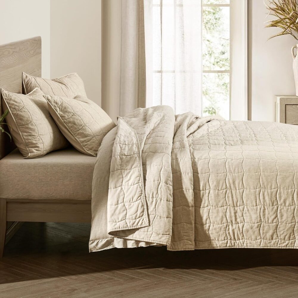Natural Linen Cotton Quilt - Wavy Box Stitched Beige Queen Quilt, 100% Cotton Filling, Pre-Washed, Soft & Breathable, Hypoallergenic, All-Season Use, Bedspread & Coverlet Bedding, 94"x94" - Image 2