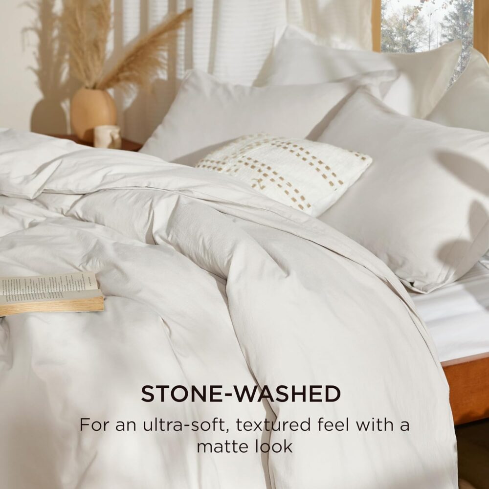 100% Stone Washed Cotton Duvet Cover Queen Size - Linen Color Minimalist Cotton Duvet Cover Linen Like for All Seasons -  Plain Simple Bedding, 3 Pieces (Queen, 90"x90") - Image 2