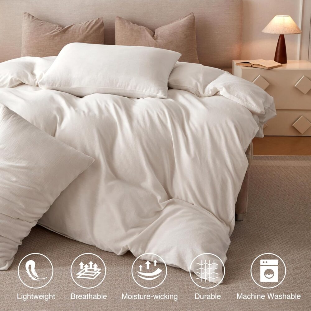 Linen Duvet Cover Queen Size - Soft Breathable Cotton Linen Blend, 3-Pieces Bedding Set with 2 Pillowcases, Stonewashed Texture, Off-White, All-Season Comfort - Image 2