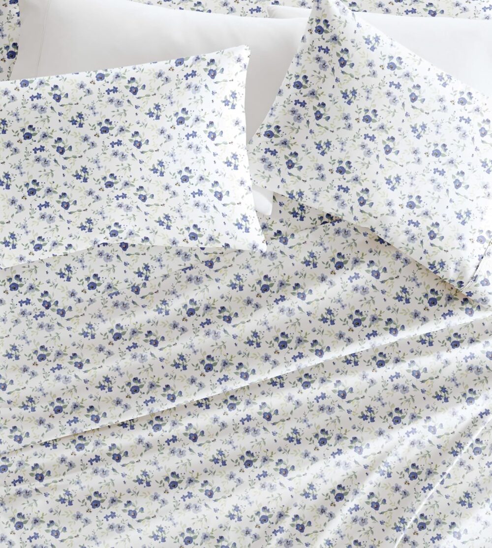 Double-Brushed Patterned Microfiber Queen Sheet Set 4 Piece –  Certified Ultra Soft & Wrinkle-Free - 16" Deep Pocket Sheets - Easy Care Queen Size - Blossoms Light Blue