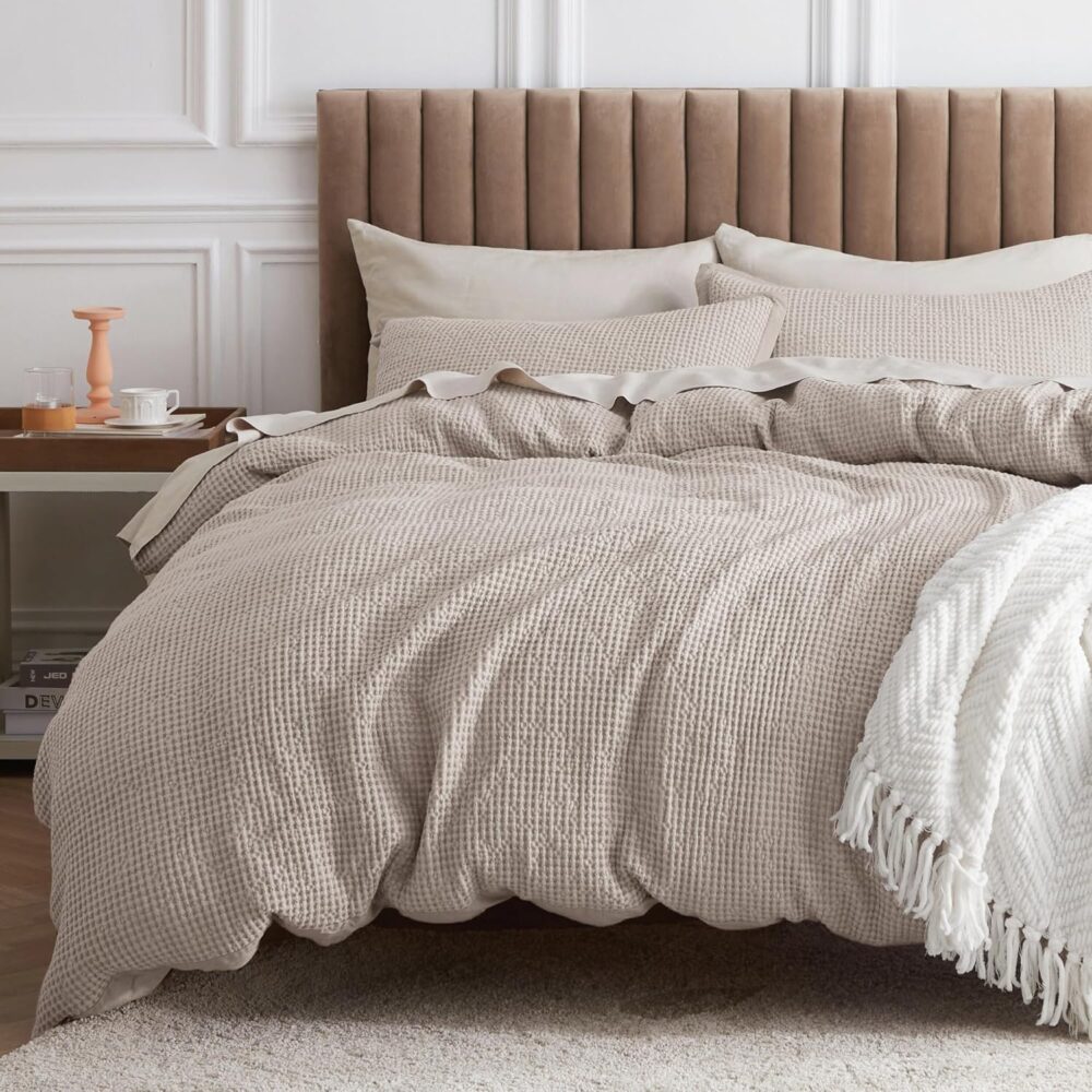 Cotton Duvet Cover Set - 100% Cotton Waffle Weave Linen Duvet Cover Oversized Queen Size,  and Breathable Bedding Set for All Season, 3 Pieces, 98"x98"