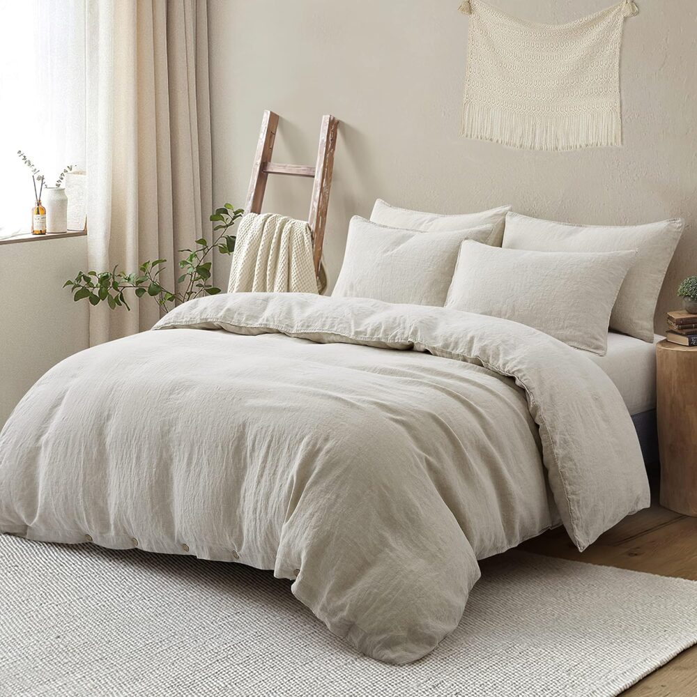 Bedding Duvet Cover Set Linen - 100% French Flax Washed Bed Sets Farmhouse Comforter Cover Set (1 Duvet Cover and 2 Pillow Shams) Queen Size Natural - Image 2